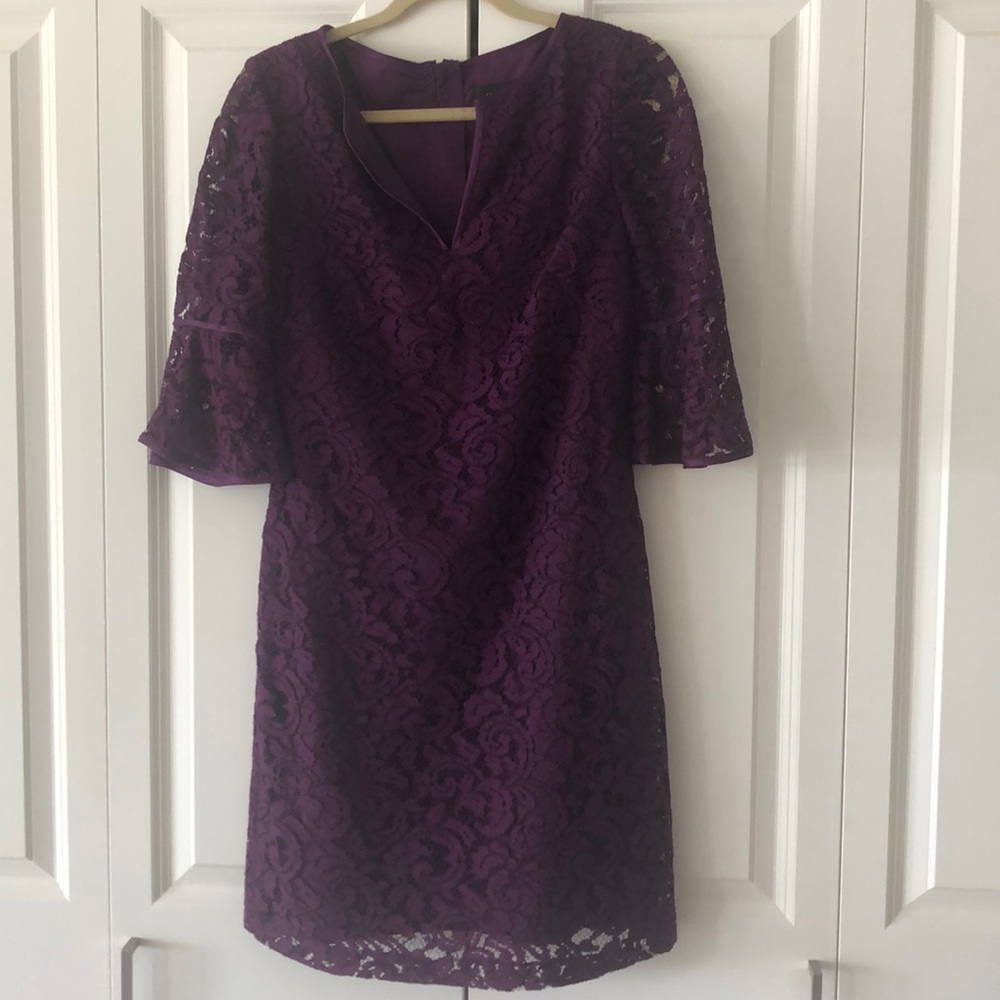 Adrianna Papell purple Lace over silk 3/4 dress